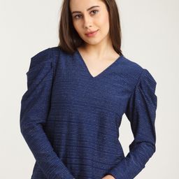 Zink London Women Navy Blue Striped Puff Sleeves Top-image-15