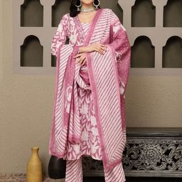 Sangria Floral Printed Printed Mirror Work Pure Cotton Kurta With Trousers & Dupatta-12