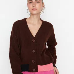Trendyol Women Brown & Peach-Coloured Colourblocked Cardigan-image-39