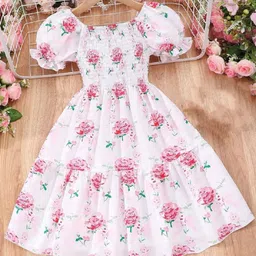 White World Girls Floral Print Puff Sleeves Smocked Fit & Flare Dress-image-68