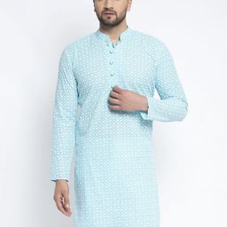 Jompers Men Turquoise Blue Ethnic Motifs Embroidered Kurta-image-93