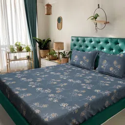 KLOTTHE Blue & Brown Floral Printed 300 TC King Bedsheet Set 2.70 m X 2.70 m-image-19