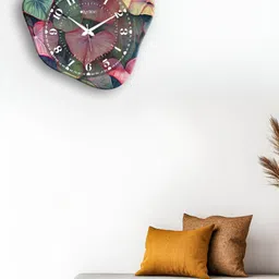 OLIVE TREE Green & Pink Printed Wooden Contemporary Wall Clock-60