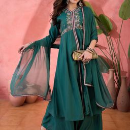 Sangria Floral Embroidered Silk Anarkali Kurta & Palazzo With Dupatta-41