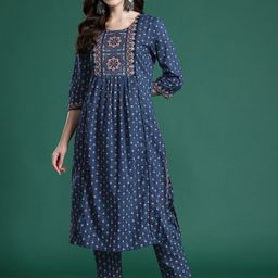 Indo Era Ethnic Motifs Printed Panelled Beads & Stones Pure Cotton Kurta with Trousers-picture-18