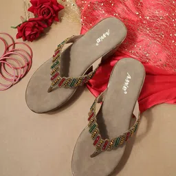 AIWIE Women Embellished Ethnic Chunky Wedge Sandals-picture-10