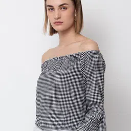DODO & MOA women's Black & White Checked Off-Shoulder Bardot Top-16