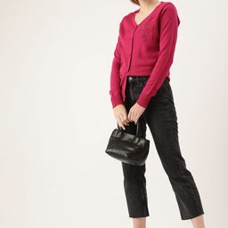 DressBerry Women Pink Cardigan Sweater with Embroidered Detail-image-54