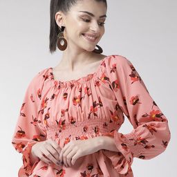 plusS Women Peach-Coloured Floral Print Cinched Waist Top with Smocked Detail-7