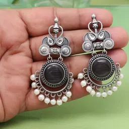 PREYANS Women Sophisticated Grey Oxidised Drop Earrings-36