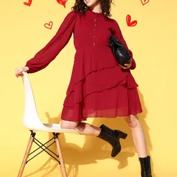 Antheaa Red Layered Chiffon A-Line Dress-picture-10