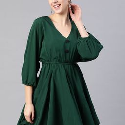 KASSUALLY Green V-Neck Pleated Fit & Flare Dress-picture-53