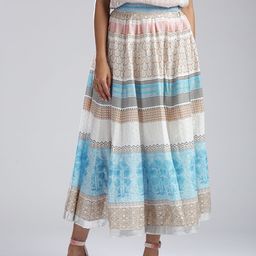W White & Blue Printed Striped Maxi Flared Skirt-image-11