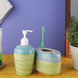 VarEesha Green & Blue Printed Ananda Ceramic Two Piece Bathroom Accessories Set-image-3