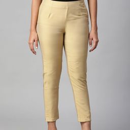 W Women Beige Slim Fit Solid Regular Cropped Trousers-image-73