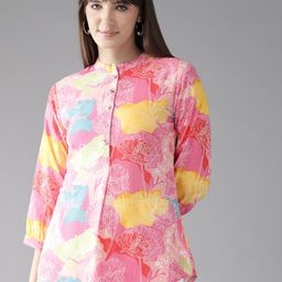 Cayman Floral Print Mandarin Collar Longline Ethnic Top-image-96