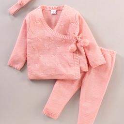 Babyhug Full Sleeves Solid Color Baby Sweater Set with Hair Band - Pink-image-13