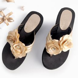 Hola Bonita Party Wear Slip On Sandals with Floral Applique - Black Cream-image-53