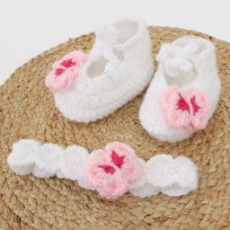 Woonie Butterfly Design Handmade Crochet Booties With Coordinating Head Band - White-4