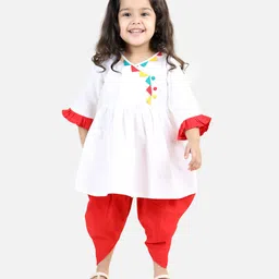BownBee 100% Cotton Three Fourth Sleeves Patch Work Kurta & Dhoti Set - White Red-picture-44