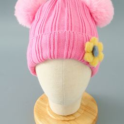 Babyhug Acrylic Woollen Pom Pom Cap Floral Applique Large Size - Pink-image-84
