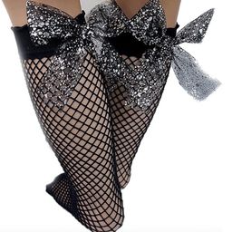Flaunt Chic Shimmery Bow Applique Calf Length Socks - Black-image-61