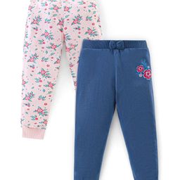 Babyhug Cotton Knit Lounge Pant Floral Print Pack of 2 - Pink & Navy Blue-image-63