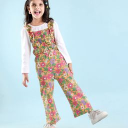 Babyhug Cotton Woven Single Jersey Floral Printed Dungaree and Full Sleeves T-Shirt - Multicolour-picture-21