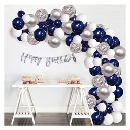 Bubble Trouble Silver Blue metallic Balloons for decoration Garland Kit Navy Blue & Silver Confetti White Balloons Arch Tape Strip for Party Wedding Birthday DIY Decoration- 57 pcs-74