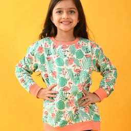 Anthrilo Full Sleeves Leaves & Flamingo Printed Sweatshirt - Pink & Green-picture-9