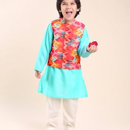 Babyhug Cotton Solid Kurta with Pyjama Set & Printed Jacket - Blue-image-43