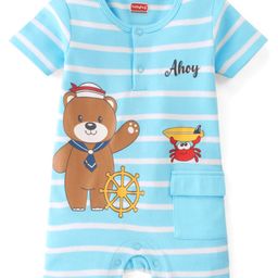 Babyhug 100% Cotton Knit Half Sleeves Romper with Bear Print - Blue-image-80