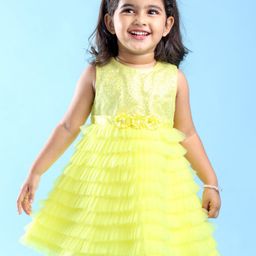 Babyhug Sleeveless  Fit & Flare Ruffled Party Frock  with Sequins Detailing & Floral Applique - Yellow-image-68