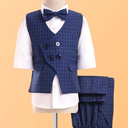 Robo Fry Woven Full Sleeves Checks 3 Piece Party Suit With Bow - Navy Blue & White-image-81