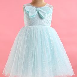 Bluebell Net Woven Sleeveless Party Frock with Bow Applique & Sequinned Detailing- Aqua Blue-image-74