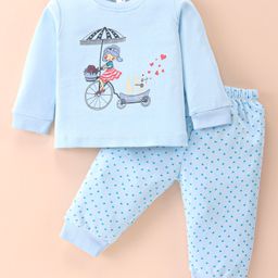 Tango Interlock Knit Full Sleeves T-Shirt & Lounge Pants Set With Doll & Hearts Print - Aqua-image-84