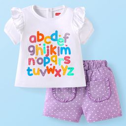 Babyhug Single Jersey Knit Half Puffed Sleeves with Polka Dots & Text Printed Top & Shorts Set - White & Purple-image-76