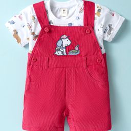 ToffyHouse Cotton Knit Dungaree & Half Sleeves Inner Tee with Animal Print & Embroidery - Red-image-51