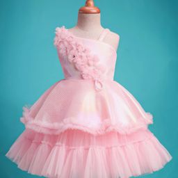 Bluebell Net Woven Sleeveless Party Dress With Floral Corsage & Ruffle Detailing - Pink-image-12