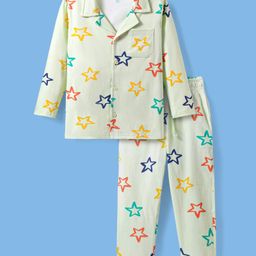 Pine Kids Single Jersey Knit Full Sleeves Front Open Night Suit Star Print - Sea Green-image-26
