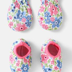 Babyhug 100% Cotton Knit Mittens & Booties With Floral Print - White-image-74