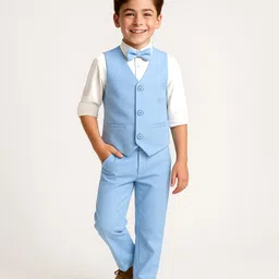 Pine Kids Knit Full Sleeves Solid 3 Piece Party Suit With Bow - Light Blue-picture-30