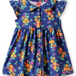 Babyhug Cotton Knit Frill Sleeves Front Open Dress With Floral Print & Peter Pan Collar - Navy Blue-picture-13