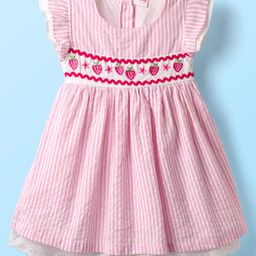 Babyhug Cotton Knit Half SleevesFrock With Strawberry Embroidery - Pink-image-80
