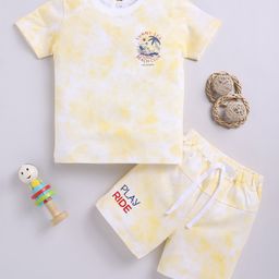 Little Ninja Cotton Half Sleeves Tie Dye & Sunny Sea Text Printed Coordinating Tee Shorts Set - Yellow-image-74