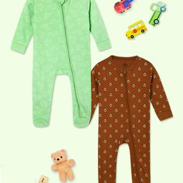The Mom Store Cotton Knit Pack Of 2 Full Sleeves Car & Bear Printed Sleepsuits - Multi Colour-picture-49