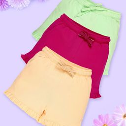 Kiddopanti Pack Of 3 Cotton Bottom Hem Frill Detailed Solid Shorts - Pista Green & Pink & Sand-image-59