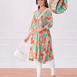 Bella Mama Woven Three Fourth Sleeves Maternity Kurta With Embrodiered Neck Floral Print with Pocket - Orange & Teal Blue-picture-42