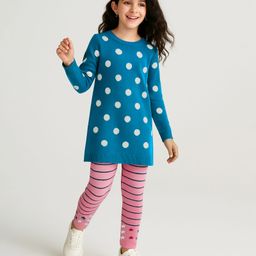 Pine Kids Knit Full Sleeves Sweater Set with Polka Dot Design & Stripes - Teal Blue & Pink-image-70