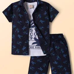 Rikidoos Half Sleeves Beach Theme Printed Shirt & Coordinating Shorts With Inner Tee Set - Navy Blue & White-image-84